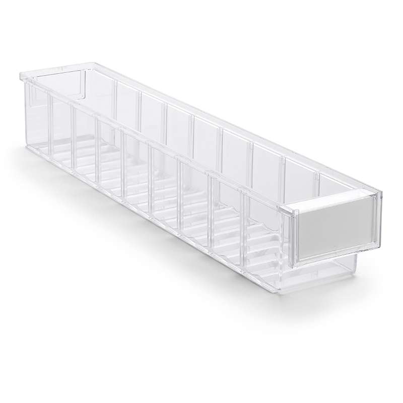 Storage Shelf Poly Bin and Label with Shield, Cristal Clear, 19.68 x 3.62 x 3.22”, Case of 30 Bins